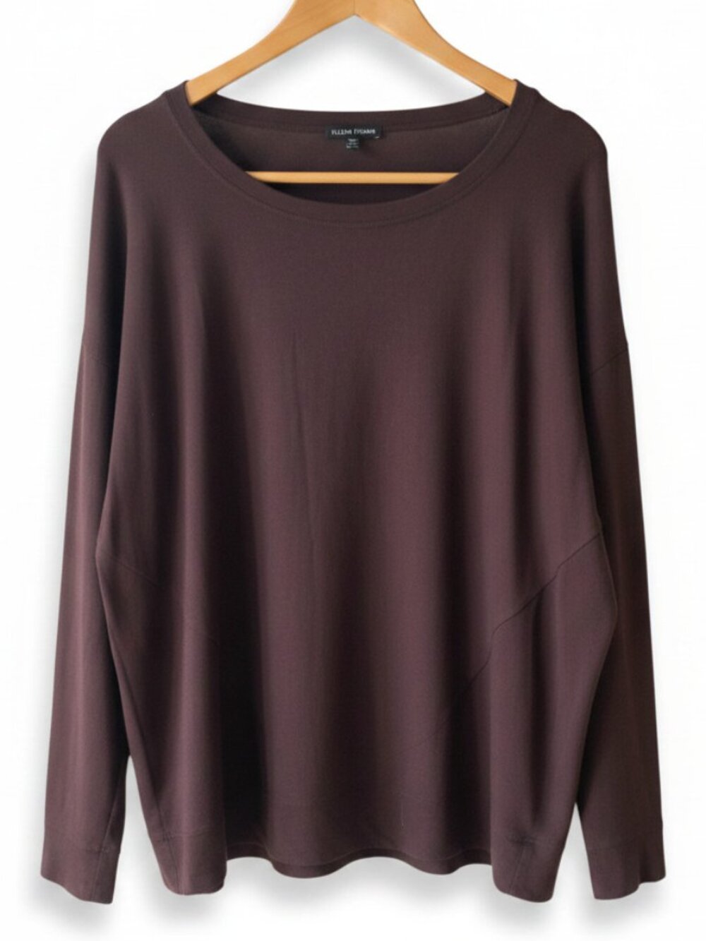 Eileen Fisher Brown Boxy Bateau Neck Long Sleeve Top Sz Large Tencel/Spandex